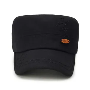 Classic black cotton cadet cap with sport button detail and cursive embroidery
