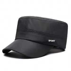 Lightweight black flat top sport cap with white logo and sun protection design