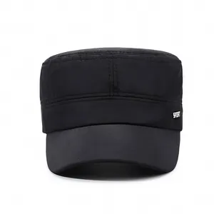 Classic black flat top military cap with metal Sport logo and durable fabric