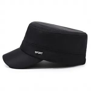Classic black flat top military cap with a metal sport logo for outdoor activities