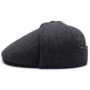 Men's Vintage British Woolen Flat Cap With Ear Flaps Warm Fleece Lining Winter Forward Hat For Grandpa Dad Outdoor Daily Wear