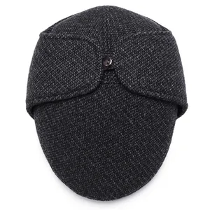 Winter charcoal grey textured newsboy hat for elderly men with warm ear protection flaps