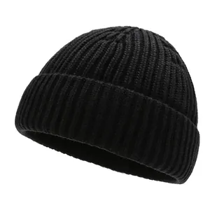 Berretto classico in maglia a coste nere per uomo, caldo cappello invernale elastico esterno