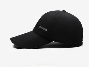 Detail view of quick-dry nylon baseball cap featuring side logo and long brim design