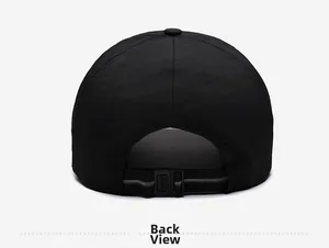 Detailed back view of black nylon baseball cap featuring an adjustable buckle strap