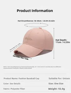 Detailed size specifications for pink baseball cap with gold embroidery and adjustable strap
