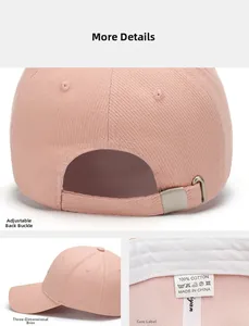 Detailed views of pink cotton baseball cap featuring adjustable metal buckle and inner tags