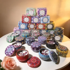 Floral tin aromatherapy soy wax candles set with dried petals in colorful mandala gift boxes