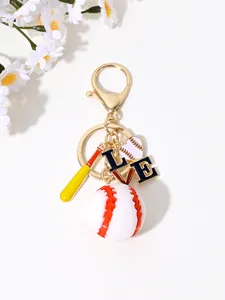 Detailed macro view of a creative baseball keychain featuring a bat and LOVE charms