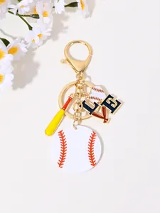 Detail view of a stylish baseball-themed keychain with LOVE charms and a yellow bat