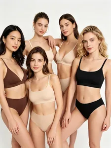 French style seamless triangle bralette and panty set in brown, beige and black