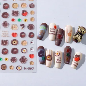 M-597 3D bear and cookie nail art sticker set with vintage heart and star designs