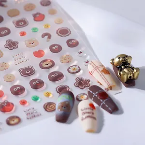 3D bear cookie nail art sticker set with cute animal patterns and golden charms