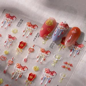 Stickers ongles fleurs 3D avec motifs de mariage chinois traditionnels et glands rouges