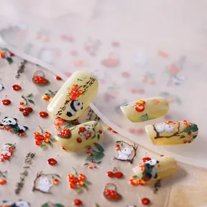 Macro d'autocollants pour ongles panda et lapin style encre sur ongles jaunes