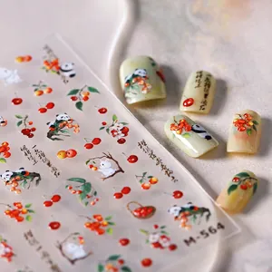 Autocollants Nail Art Style Chinois M564 Mignon Panda Lapin Cerise Relief 5D Auto-adhésif Décalcomanies à Ongles Ultra-minces