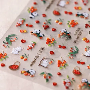 Autocollants ongles cerise panda mignons avec texture cristal 3D et motifs lapins
