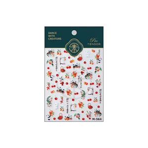 Stickers ongles mignons panda et cerise avec illustrations lapin et calligraphie, M-564