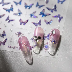Blue and purple butterfly nail art stickers M-518 with glitter stars and rhinestones