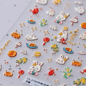 Mid-Autumn Moonlit Night 5D embossed nail stickers featuring rabbits and lanterns