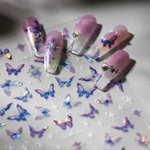 Exquisite laser holographic butterfly nail stickers in blue and purple gradient tones