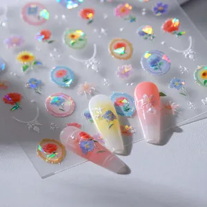 Holographic floral nail decals with 3D shell light effect and vintage rose patterns