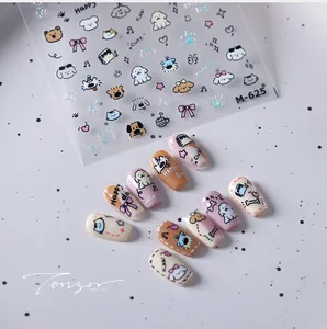 Détail des stickers ongles M-625 motifs animaux et nœuds sur des ongles roses doux