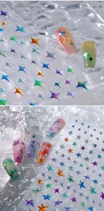 Macro detail of iridescent laser star nail stickers with holographic shimmer and gloss