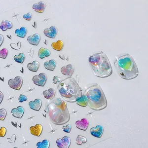 Autocollants à ongles cœurs holographiques avec effet dégradé laser et motifs étoilés