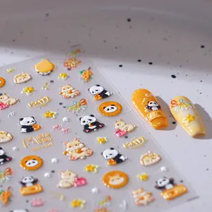 Autocollants 3D pour ongles motif panda et lapin avec étoiles jaunes et lettrage