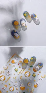 Detail of 3D embossed rabbit nail art stickers with moon and lantern motifs