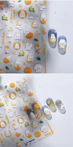 Detailed 3D embossed nail art stickers with cute rabbits, moon, and floral festive motifs