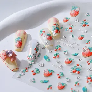 3D-Relief-Nagelaufkleber mit niedlichen Hasen und Erdbeeren auf weißem Hintergrund