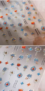 Macro detail of Chinese style nail stickers featuring blue lotus and gold foil patterns