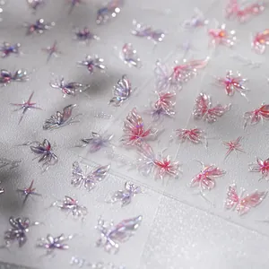 Adesivi per unghie 5D a farfalla con glitter viola cangianti e motivi a stella