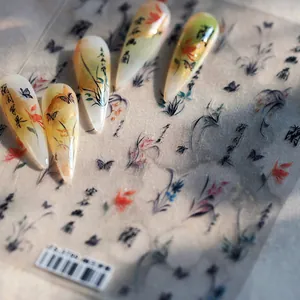 Vintage Chinese Ink Wash Nail Art Stickers Orchid Butterfly Calligraphy Ultra Thin Self Adhesive Manicure Decals For Women