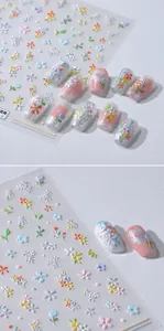 Detail showing 3D floral nail art stickers with colorful floral patterns on base nails