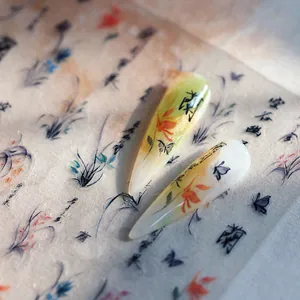 Chinese vintage style nail stickers with orchid and butterfly patterns on long stiletto nails