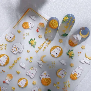 3D embossed nail art stickers featuring white jade rabbits and festive mooncakes