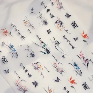 Ink style orchid and butterfly nail stickers with traditional Chinese calligraphy