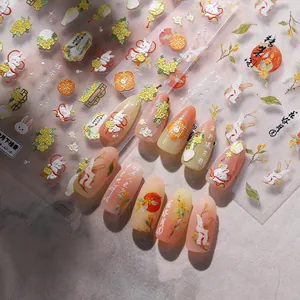 Stickers ongles 3D en relief aux motifs chinois avec lapins et fleurs d'osmanthus dorées