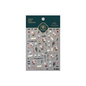 3D gold foil nail art stickers M-631 with floral, bows, and botanical patterns