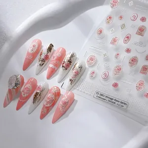 5D embossed floral nail stickers featuring vintage roses and baroque patterns, TS-3801