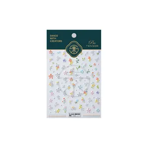 Minimalist floral nail stickers with embossed flower patterns and green brand packaging