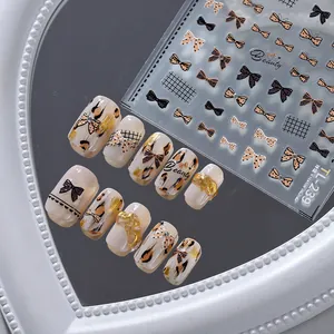 3D αυτοκόλλητα νυχιών με φιόγκο και λεοπάρ TL-239 με ρετρό χρυσές λεπτομέρειες φύλλου