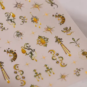 Adesivi per unghie smerigliati vintage con stampa oro, motivi orologio e luna