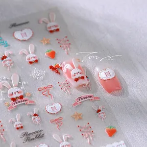 Macro view of 5D embossed Rococo Rabbit nail stickers with stereoscopic rabbit and bows