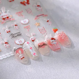 5D embossed Rococo rabbit nail stickers with pink bows and lace for DIY manicure art