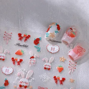 5D embossed nail stickers with sweet rabbit, strawberry, and bow patterns for 3D nail art