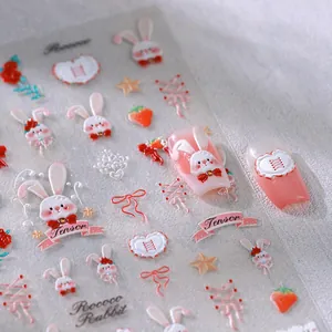 5D embossed nail stickers featuring Rococo rabbits, hearts, and roses for 3D nail art